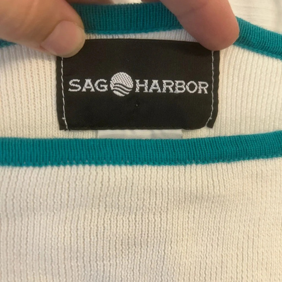 Sag harbor turquoise and white striped 3/4 sleeve blouse size S - Picture 2 of 6